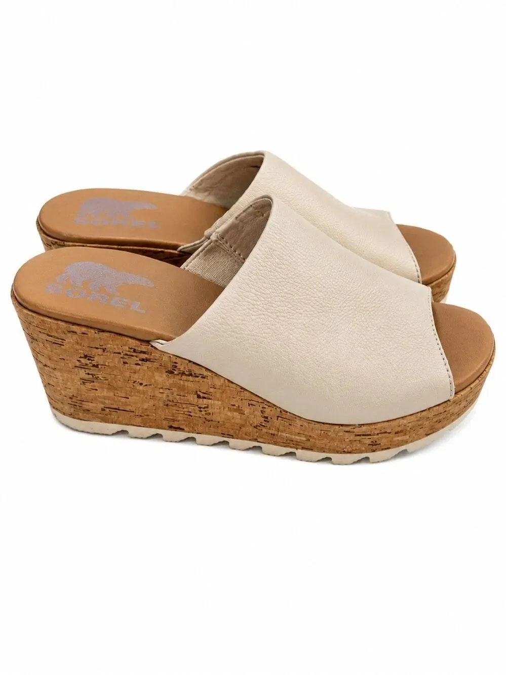 Sorel Women’s Cameron Wedge Mule Leather Slip On Taupe Platform Sandals Size 6
